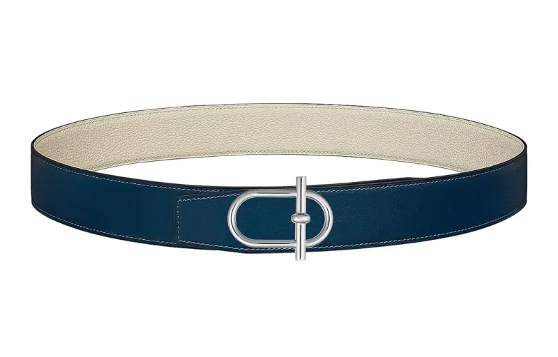 HERMES Ithaque Cow Leather Belts Men's Blue/White Width 3.8cm