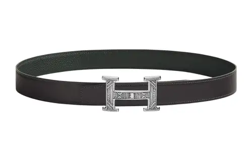 HERMES Togo Calfskin Leather Belts Men's Graphite/Dark Green Width 3.2cm