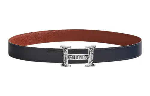 HERMES Togo Cow Leather Belts Men's Marine Blue/Ochre Red Width 3.2cm