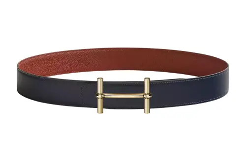 HERMES Togo Cow Leather Belts Men's Marine Blue/Ochre Red Width 3.8cm