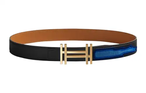 HERMES Cow Leather Belts Men's Black Width 3.2cm