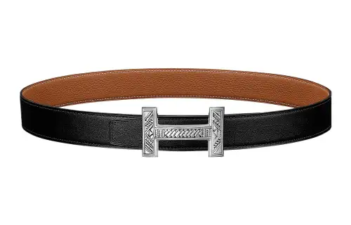HERMES Togo Calfskin Double Sided Leather Belt Leather Belts Men's Black Width 3.2cm