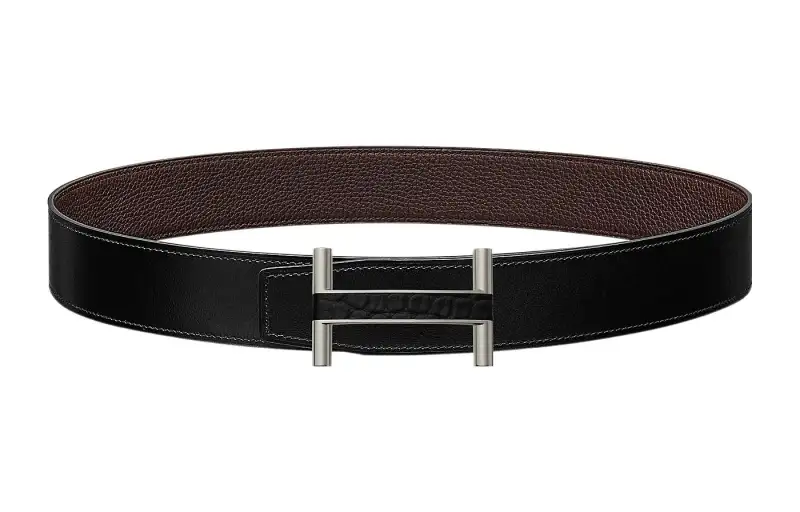 HERMES Calfskin Leather Belts Men's Black Width 3.8cm