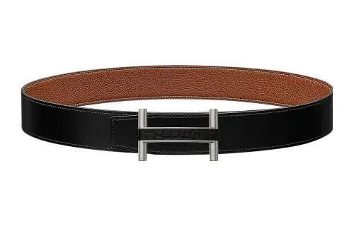 HERMES Cow Leather Belts Men's Black Width 3.8cm