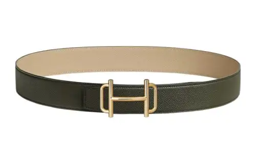 HERMES Royal Cow Leather, Metal Belts Men's Gray Green/Windbreaker Beige Width 3.8cm