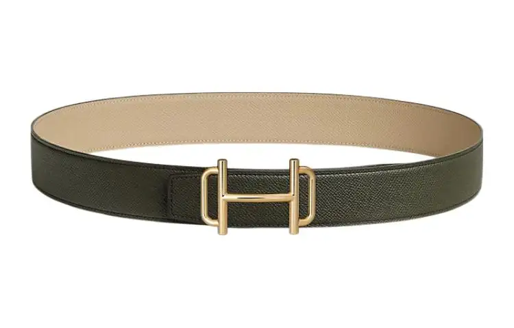 HERMES Royal Cow Leather, Metal Belts Men's Gray Green/Windbreaker Beige Width 3.8cm