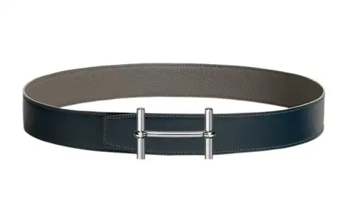 HERMES Metallic Cow Leather Belts Men's Marine Blue/Tin Gray Width 3.8cm