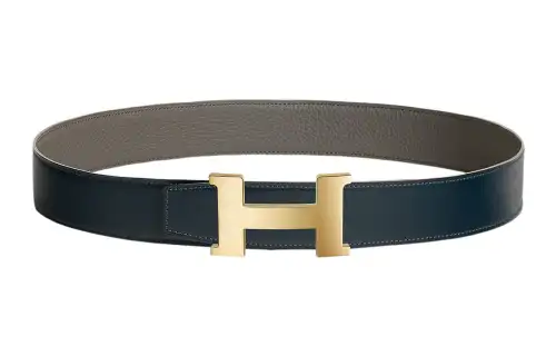 HERMES Cow Leather Belts Men's Marine Blue/Tin Gray Width 3.8cm