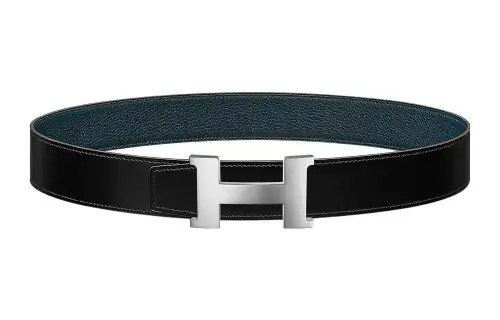 HERMES Constance Cow Leather Belts Men's Black/Prussian Blue Width 3.8cm