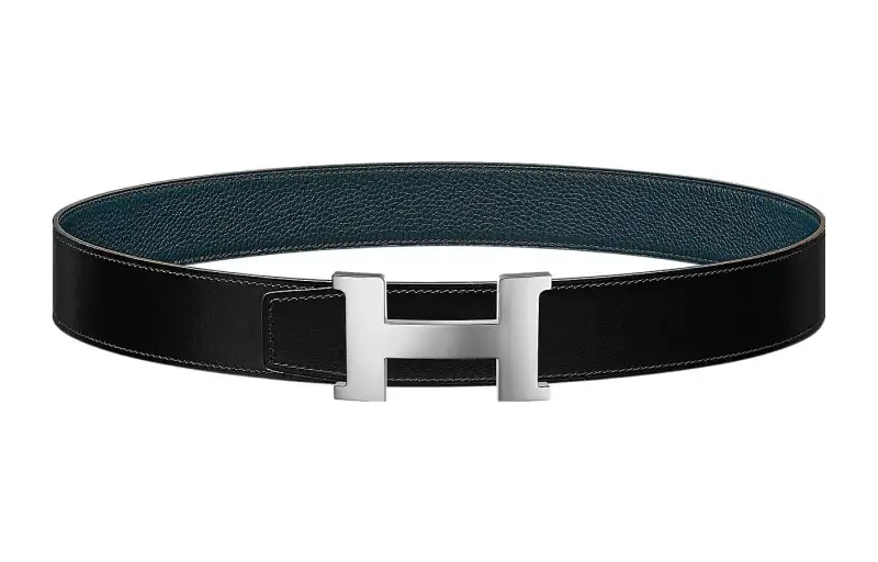 HERMES Constance Cow Leather Belts Men's Black/Prussian Blue Width 3.8cm