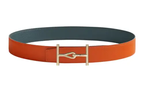 HERMES Jumbo Cow Leather Belts Men's Orange/Hurricane Blue Width 3.8cm