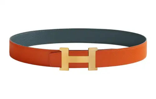 HERMES Constance Cow Leather Belts Men's Orange/Dark Blue Width 3.8cm