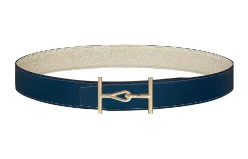 HERMES Jumbo Cow Leather Belts Men's Prussian Blue/Chalk White Width 3.8cm