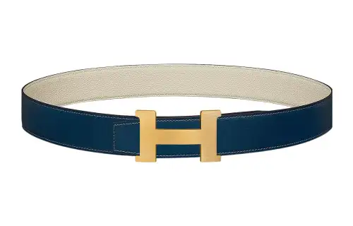 HERMES Constance Cow Leather Belts Men's Prussian Blue/Chalk White Width 3.8cm