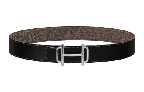 HERMES Royal Palladium Plated Calfskin Leather Belts Men's Width 3.8cm
