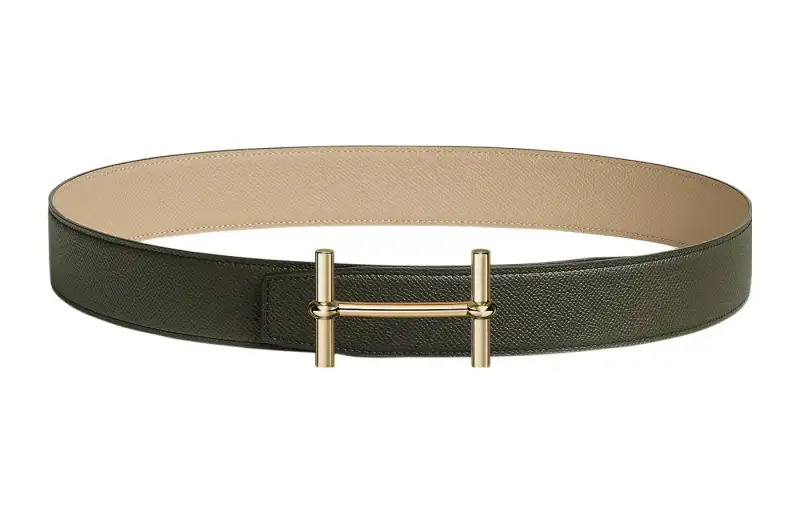 HERMES H D'Ancre Cow Leather Belts Men's Green Width 3.8cm