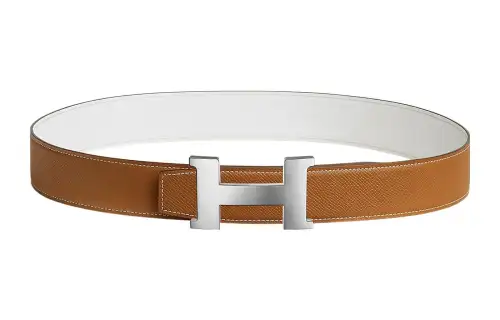 HERMES Constance Epsom Calfskin Double Sided Leather Belts Men's Gold/White Width 3.8cm