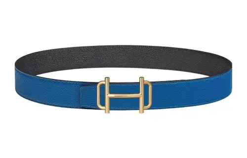 HERMES Royal Cow Leather Belts Men's Blue/Black Width 3.8cm