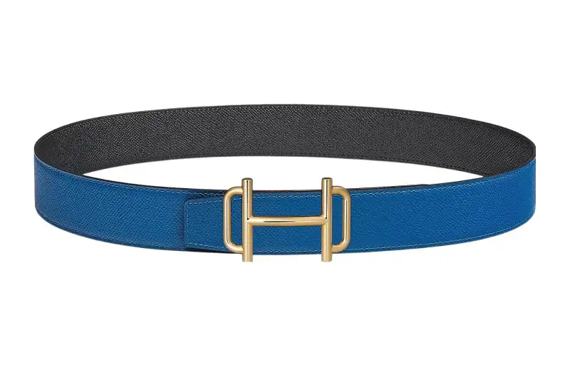 HERMES Royal Cow Leather Belts Men's Blue/Black Width 3.8cm