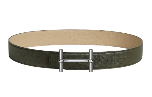 HERMES Ancre Cow Leather Belts Men's Green/Beige Width 3.8cm