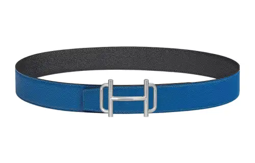 HERMES Royal Cow Leather Belts Men's Blue/Black Width 3.8cm