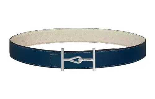 HERMES Togo Cow Leather Belts Men's Prussian Blue/Chalk White Width 3.8cm