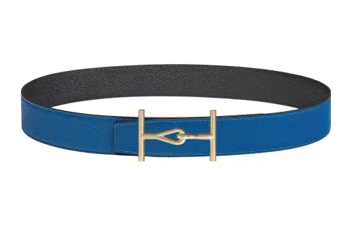 HERMES Jumbo Calfskin Leather Belts Men's Blue/Black Width 3.8cm