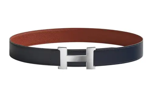 HERMES Constance Cow Leather Belts Men's Marine Blue/Ochre Red Width 3.8cm