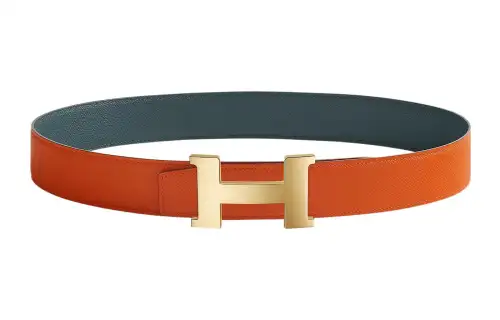 HERMES Constance Cow Leather Belts Men's Orange/Blue Width 3.8cm
