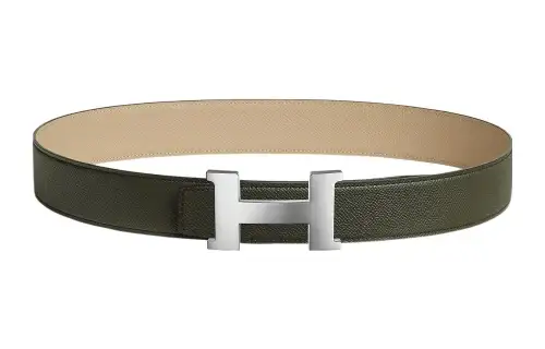 HERMES Constance Cow Leather Belts Men's Gray Green/Windbreaker Beige Width 3.8cm