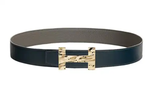 HERMES Calfskin Leather Belts Men's Marine Blue/Tin Gray Width 3.8cm
