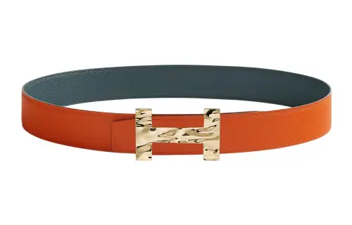HERMES Cow Leather Belts Men's Orange/Hurricane Blue Width 3.8cm