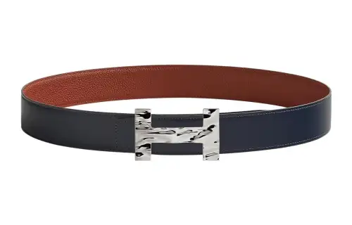 HERMES Cow Leather Belts Men's Marine Blue/Ochre Red Width 3.8cm