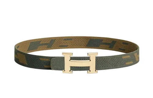 HERMES Fashion Casual Gold Buckle, Nylon Mesh Double Sided Belt Men's Gray Green/Dark Brown Green 32 Mm