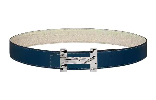 HERMES Cow Leather Belts Men's Prussian Blue/Chalk White Width 3.8cm