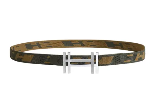 HERMES Nylon Belts Men's Gray Green/Dark Brown Green Width 3.2cm