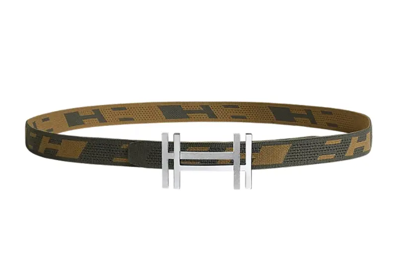 HERMES Nylon Belts Men's Gray Green/Dark Brown Green Width 3.2cm