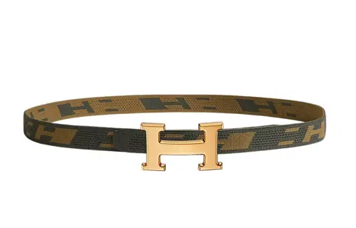 HERMES H Belt Buckle Nylon Belts Men's Gray Green/Dark Brown Green 32 Mm