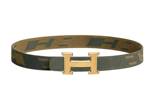 HERMES H Gold Buckle, Double Sided Nylon Mesh Belt H Belt Buckle Men's Gray Green/Dark Brown Green Width 3.2cm