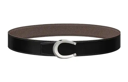 HERMES Togo Calfskin Leather Belts Men's Black/Tin Gray Width 3.8cm