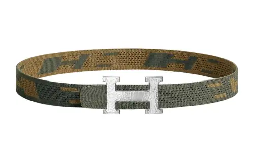 HERMES H Martelee Nylon Leather Belts Men's Gray Green/Dark Brown Green Width 3.2cm