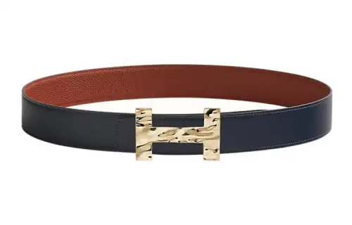 HERMES Cow Leather Belts Men's Marine Blue/Ochre Red Width 3.8cm