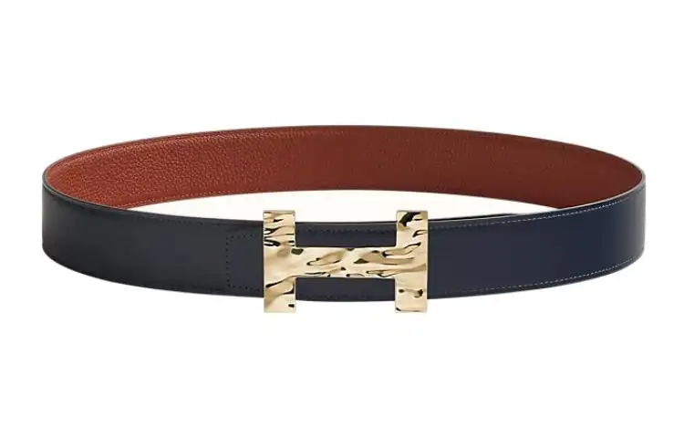 HERMES Cow Leather Belts Men's Marine Blue/Ochre Red Width 3.8cm