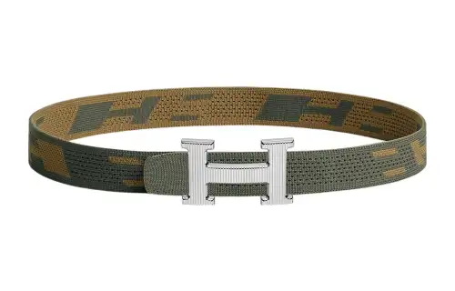 HERMES Nylon Leather Belts Men's Gray Green/Dark Brown Green Width 3.2cm