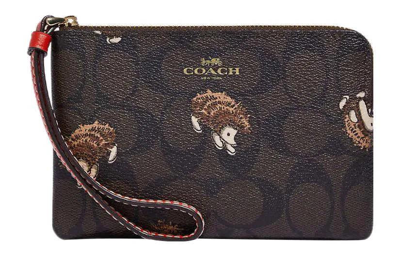COACH Corner Zip Coated Canvas With Leather Wrist Bag Clutch Small Women's Brown Black