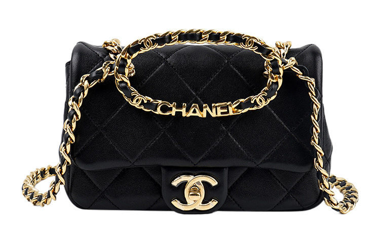 CHANEL Chanel 23C early spring handle leather chain CF gold buckle rhinestone chain diamond pattern sheepskin shoulder bag crossbody bag handbag mini women's black