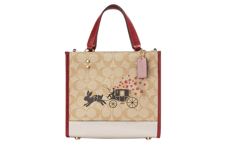 COACH Dempsey Coated Canvas With Refined Pebbled Leather Tote Bag, Shopping Bag, Handbag Small Women's Khaki & Pink