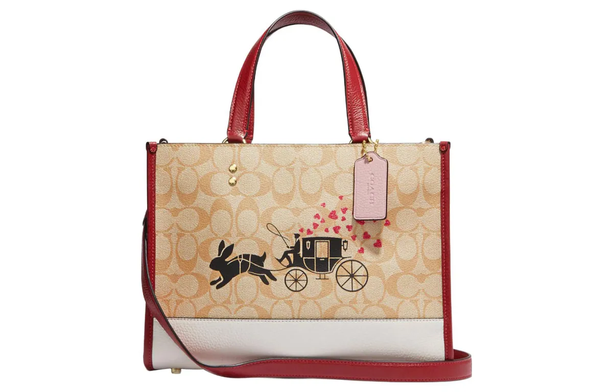 COACH Dempsey Cow Leather Tote Bag, Shopping Bag, Shoulder Bag, Crossbody Bag, Handbag Large Women's Khaki & Pink