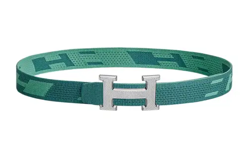 HERMES Classic H Embossed, Silver Buckle, Double Sided Nylon Belt Leather Belts Men's Green Width 3.2cm