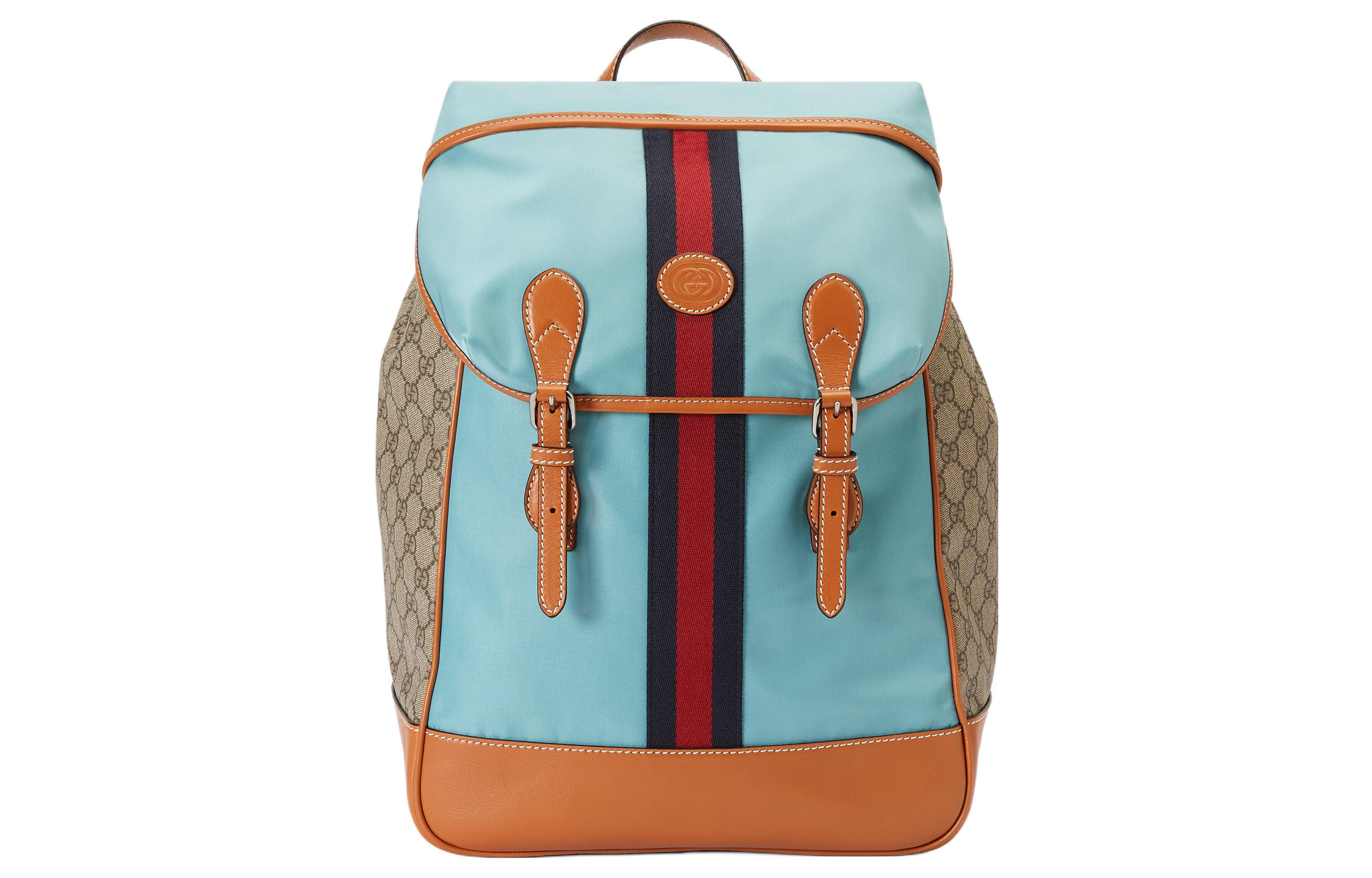 GUCCI Recycled Nylon Canvas With Leather Binding Backpack Men's Light Blue